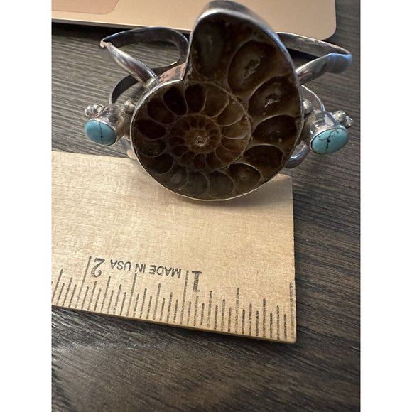Native American Sterling Silver Statement Cuff Fossilized Nautilus w/ Turquoise - Picture 12 of 13